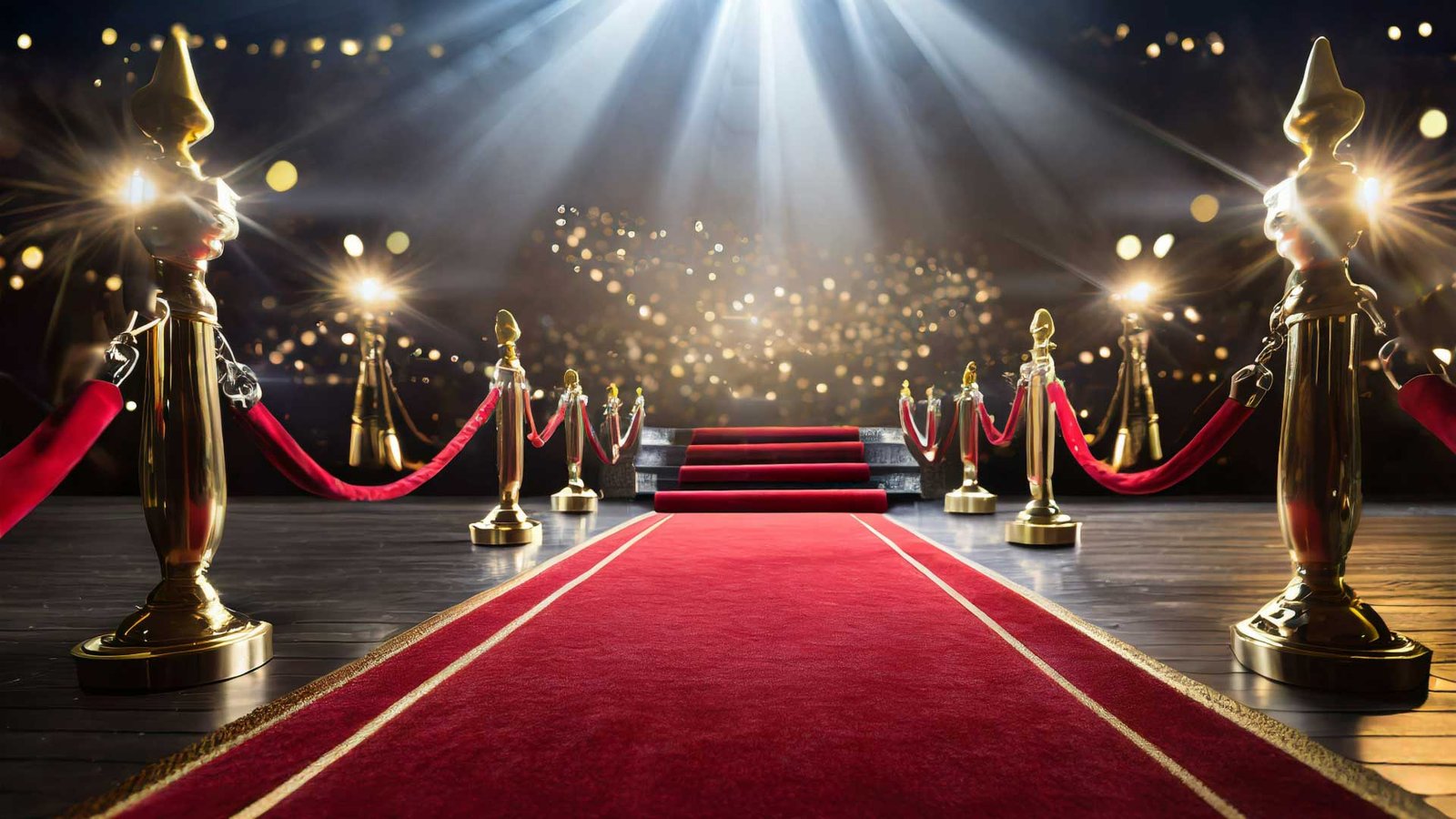 Rolled out red carpet with rope lining and a spot light ready for you to walk down.